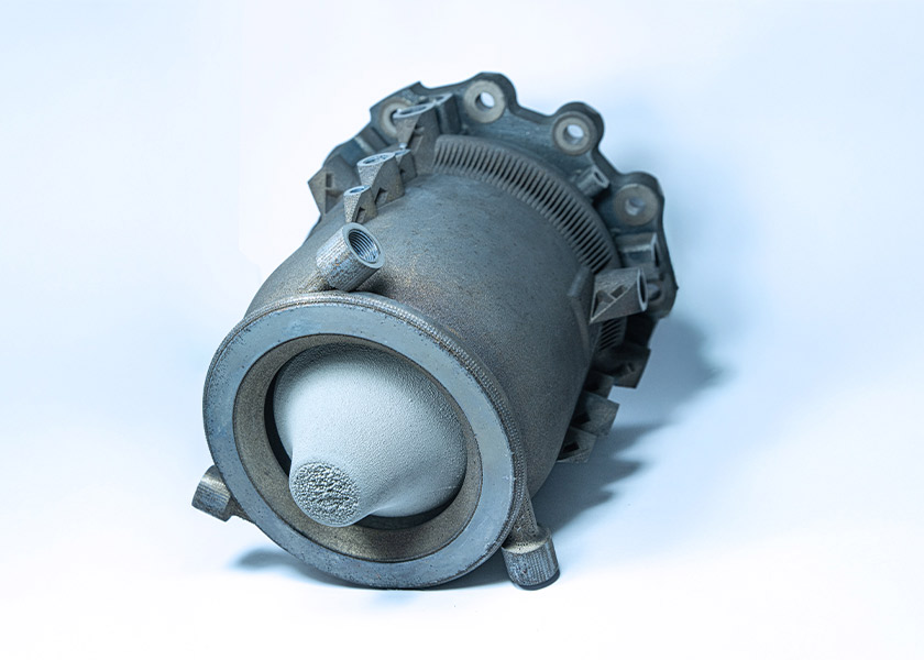 Additiv gefertigtes Aerospike-Triebwerk mit thermischer Beschichtung des Spikes und komplexen innenliegenden Kühlkanälen.